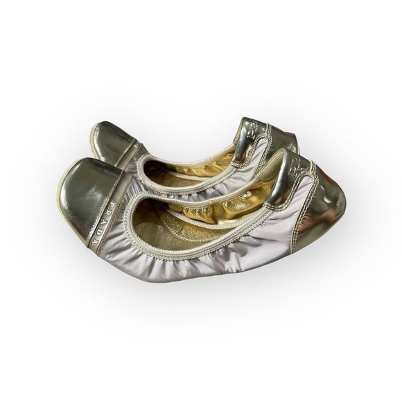 PRADA Leather & Nylon Scrunch Ballet Flats Shoes - Gold and Cream - Size 36 - Picture 2 of 11